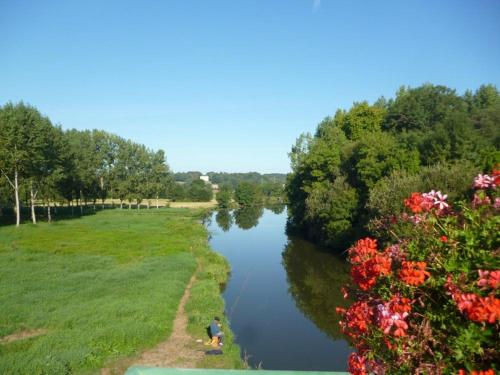 a person is fishing in a river with flowers at Cabane perchée avec lit king-size, salle d'eau, kitchenette, TV, Wi-Fi et petit-déjeuner inclus - FR-1-306-1237 in Port-Saint-Père