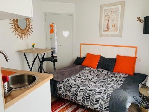 sypialnia z łóżkiem z pomarańczowymi poduszkami i umywalką w obiekcie Studio cosy au centre-ville avec Wi-Fi, animaux admis - FR-1-703-139 w mieście Amélie-les-Bains-Palalda