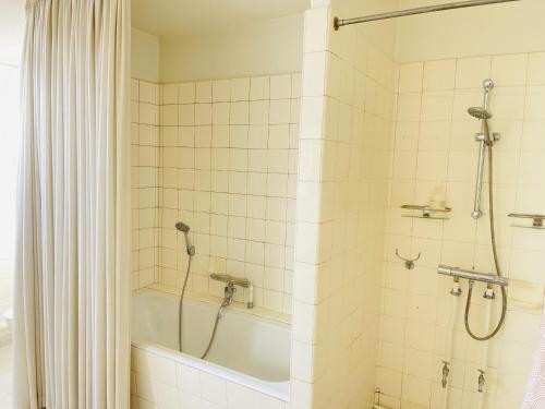 a bathroom with a shower and a bath tub at Spacious and beautiful apartment in the center of Frederikshavn in Frederikshavn
