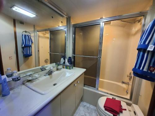 a bathroom with a sink and a shower and a toilet at Romantic Condo @ Ocean 3-deck Yacht in Brooklyn