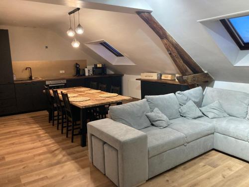 un salon avec un canapé et une table dans l'établissement La fine bulle! Magnifique appartement pour votre séjour en CHAMPAGNE, à Épernay