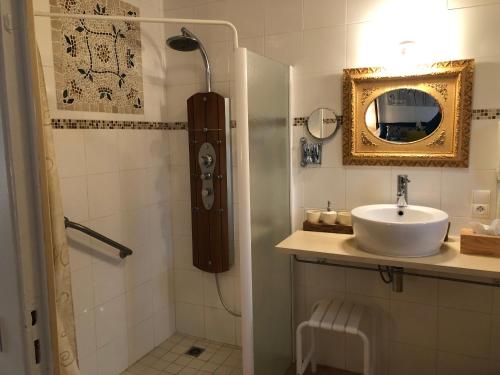 a bathroom with a sink and a mirror at La Saulainière in Pontlevoy