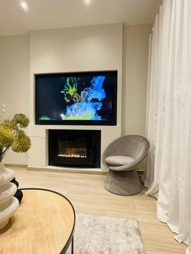 a living room with a fireplace and a tv at CASA MILITOU-NEA FILADELFIA in Athens