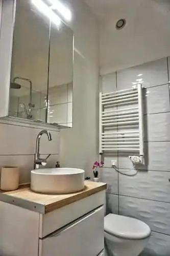 une salle de bain avec un lavabo, des toilettes et un miroir dans l'établissement Le Patio, à Carcassonne