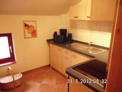 a kitchen with a sink and a counter top at Erholung in der Natur - Urlaub im Alten Forsthaus in Zingst