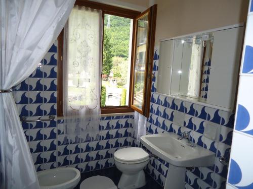 ein blau-weißes Bad mit einem WC und einem Waschbecken in der Unterkunft Villa Soghetta Typ S4 in Crone