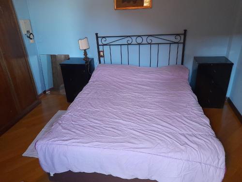 ein Schlafzimmer mit einem Bett mit einer lila Decke in der Unterkunft BIRI in Perugia