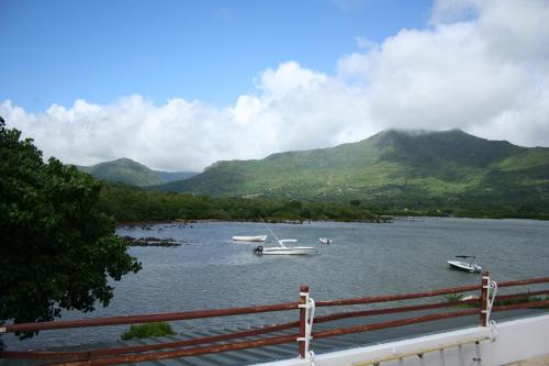 a river with boats in it with mountains in the background at 21LG Ilot Fortier M Sea Front and Swimming pool in Rivière Noire