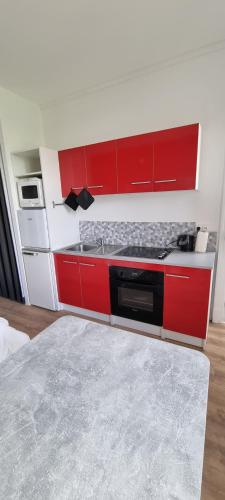 een keuken met rode kasten en een fornuis bij Vittel Studio neuf en Centre-ville idéal curiste in Vittel