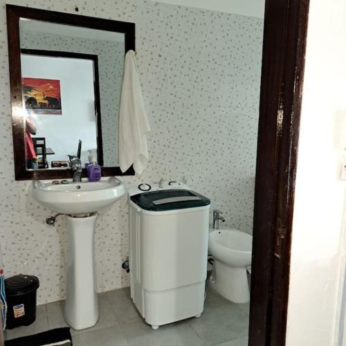 a bathroom with a sink and a toilet and a mirror at Cosy apartment in Malindi beach in Malindi