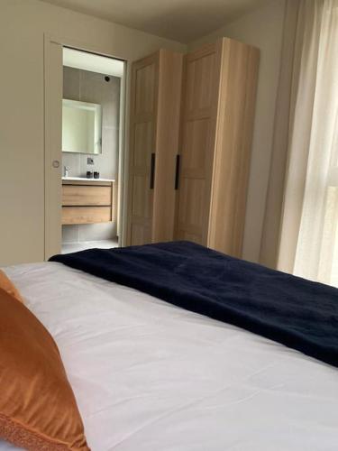 a bedroom with a large white bed and a bathroom at Gîte "Villa Belle Vie" in Labaroche