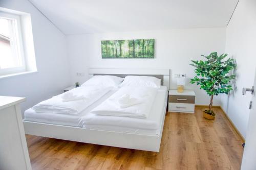 Una cama blanca en un dormitorio blanco con una maceta en homy Central City Oasis in Dornbirn en Dornbirn