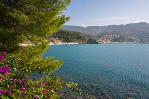 a view of a large body of water with mountains at Villaggio Smeraldo in Moneglia