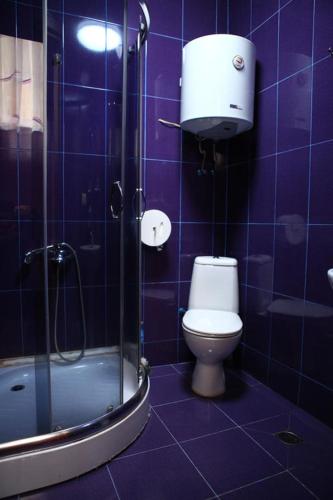 a blue tiled bathroom with a toilet and a shower at Hotel Albatros in Batumi