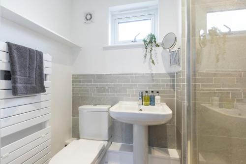 a bathroom with a toilet and a sink and a shower at Spacious 3 Bed Home in Cheltenham