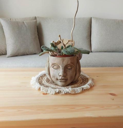 a vase with a plant in it on a table at SITIA CITY CENTER luxury apartment in Sitia