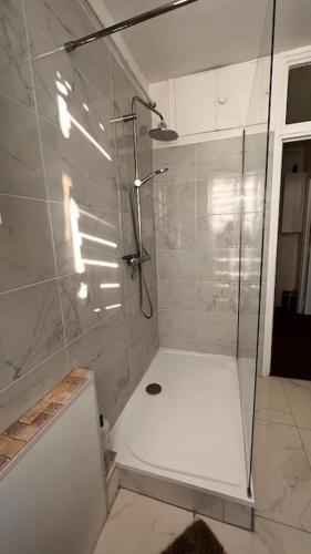 a shower with a glass door in a bathroom at Appt de 50m2 Stade de France Canal Saint-Denis in Saint-Denis
