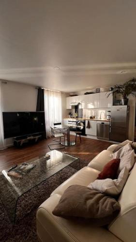 un salon avec un canapé et une cuisine dans l'établissement Stade de France Canal Appt -50m2, à Saint-Denis