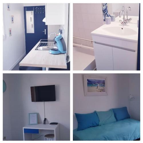 une série de quatre photos d'une salle de bains avec lavabo dans l'établissement Studio avec balcon, à Dunkerque