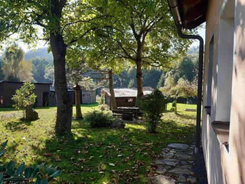 a view of a yard with a bench and trees at Penzion Montana in Nýrsko