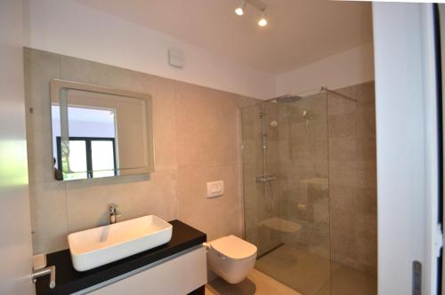 uma casa de banho com um lavatório, um chuveiro e um WC. em Kvarner Luxus Suite am Meer em Lovran