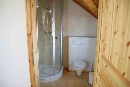 een kleine badkamer met een douche en een toilet bij Ferienwohnung Gmeinwieser in Mitterfecking