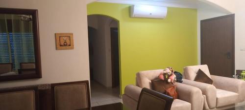 a person sitting in a chair in a room with a green wall at Appartamento bello e elegante in west Amman in Amman
