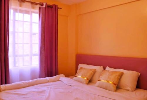 1 dormitorio con cama con almohadas y ventana en A cosy and spacious one bedroom apartment, en Ruaka