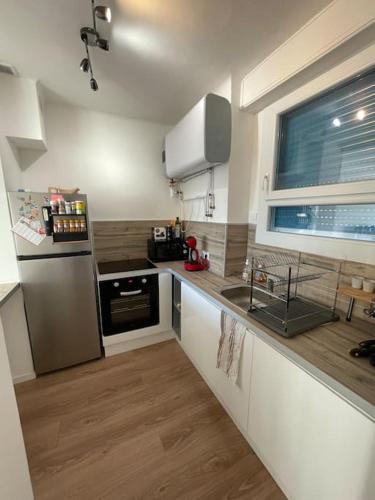 La cuisine est équipée d'un réfrigérateur et d'un évier. dans l'établissement Appartement Marvivo, les Sablettes, la Seyne sur mer, à La Seyne-sur-Mer