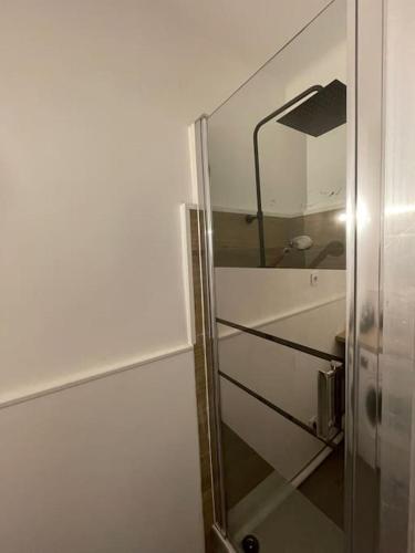 La salle de bains est pourvue d'une douche et d'un miroir. dans l'établissement Appartement Marvivo, les Sablettes, la Seyne sur mer, à La Seyne-sur-Mer