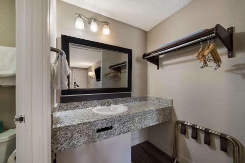 a bathroom with a sink and a mirror at Rodeway Inn Charlotte Airport Area in Charlotte