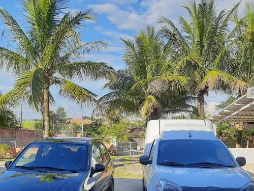 a blue car parked next to a palm tree at Chacara Oliva in Piracicaba