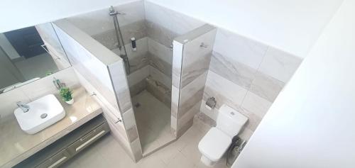 een badkamer met een douche, een toilet en een wastafel bij Mont Oreb Villas (Pearl) in Flic-en-Flac