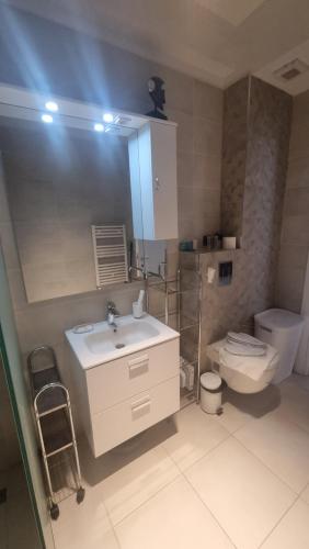 a bathroom with a white sink and a toilet at Anateea by the Sea in Mamaia