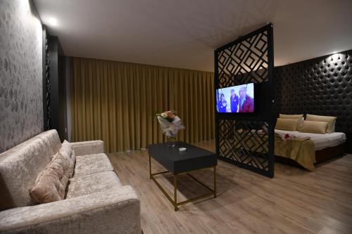 a living room with a couch and a tv at Hotel Pia Bella in Kérynia