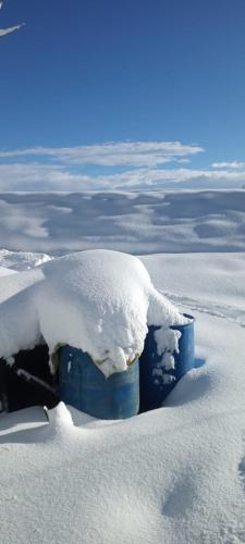 a snow covered blue barrel in the snow at Norvin Homes in Shimla