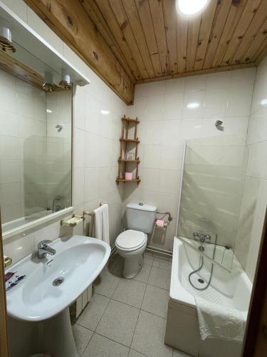 a bathroom with a sink and a toilet and a shower at Hostal Restaurante Serrania in Tragacete