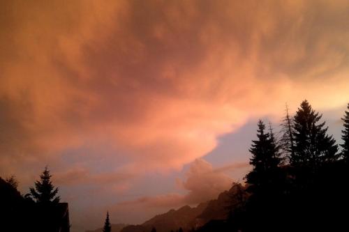a cloudy sky with trees in the foreground at Hotel Alpi in Campitello di Fassa