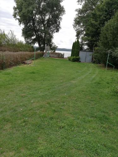 a yard with a sign in the grass at Pod Sową in Drawsko Pomorskie
