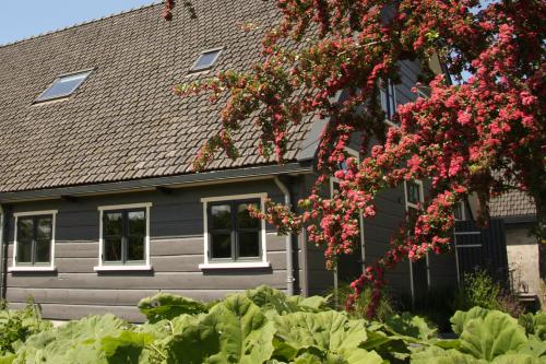 a house with a tree with red flowers in front of it at Boerenhofstede de Overhorn in Weesp