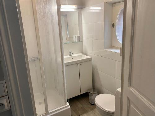 a white bathroom with a toilet and a sink at Park Avenue in Orléans
