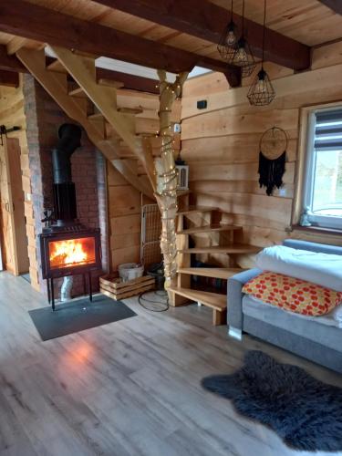 a living room with a fireplace in a log cabin at Ostoja Spokoju in Sucha Rzeczka