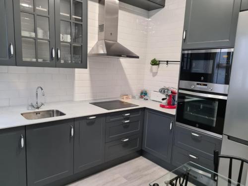 a kitchen with gray cabinets and a sink at 1930 Diecinueve Treinta "Diseño, historia y confort en el centro de Gijón" in Gijón