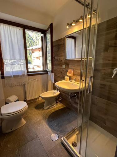 a bathroom with a toilet and a sink and a shower at San Luigi - Rooms & Apartments in Campodolcino