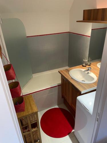 La salle de bains est pourvue d'un lavabo et d'un tapis rouge. dans l'établissement SUPER SAUZE Studio pied des pistes, à Enchastrayes