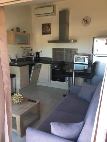 un salon avec un canapé et une cuisine dans l'établissement La Bergerie Furiani avec piscine privée Residence Digoune, à Furiani