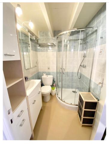 une salle de bain avec une douche, des toilettes et un lavabo dans l'établissement Appartement duplex hyper bien placé plages à 2 pas Carnac plage, à Carnac