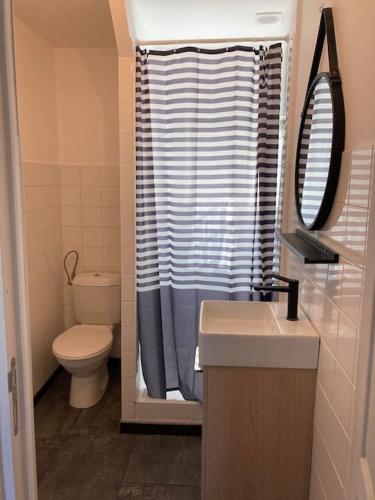 une salle de bain avec toilettes et rideau de douche dans l'établissement La petite Boutique Rouge, à Cayeux-sur-Mer