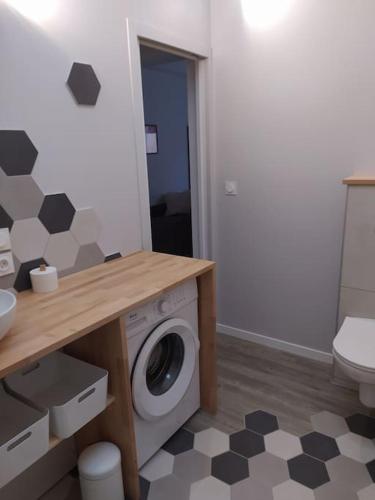 une salle de bain avec machine à laver et toilettes dans l'établissement Le Petit Pied à Terre du Luberon, à Mérindol
