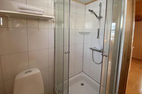 a bathroom with a shower with a glass door at Sudur-Bár Guesthouse in Grundarfjordur